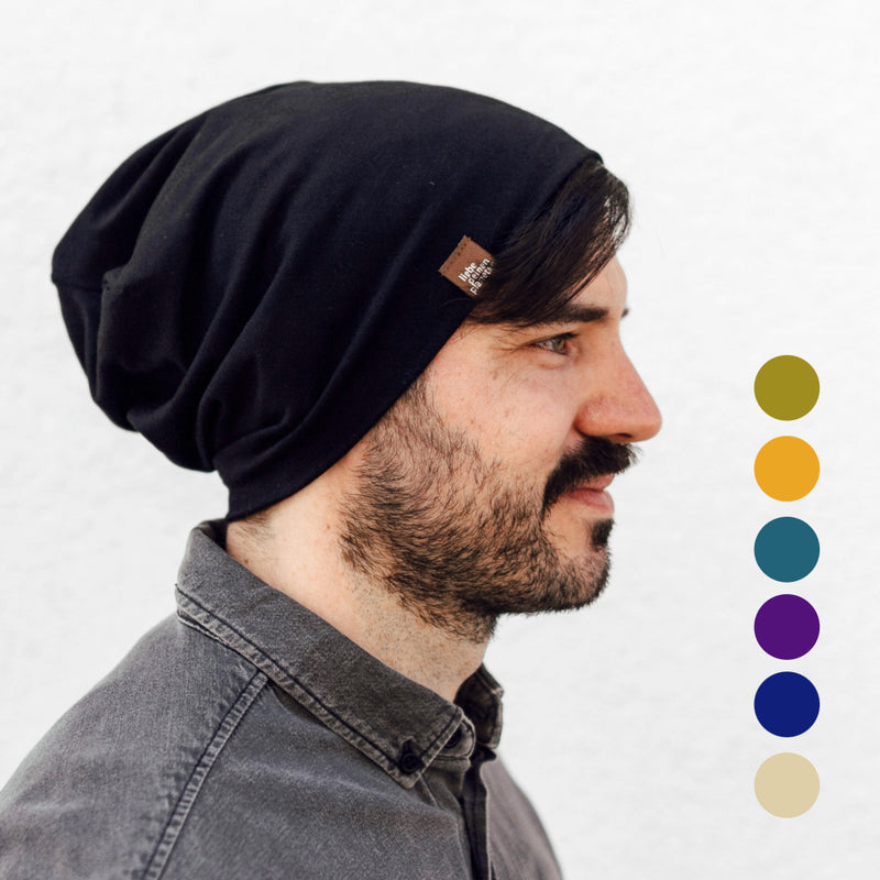 Bio Jersey slouch Beanie Mütze in schwarz und weiteren Farben aus Bio Baumwolle. Handgefertigt in Österreich, Tirol von liebedeinenplaneten.com